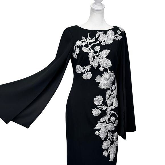 Theia Black Cape Sleeve Sheath Dress Women’s 4 Floral Appliqué Cocktail Evening - Picture 4 of 11